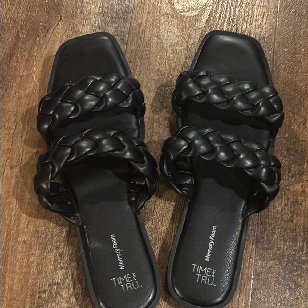 Black Double-Strap Braided Slide Sandals